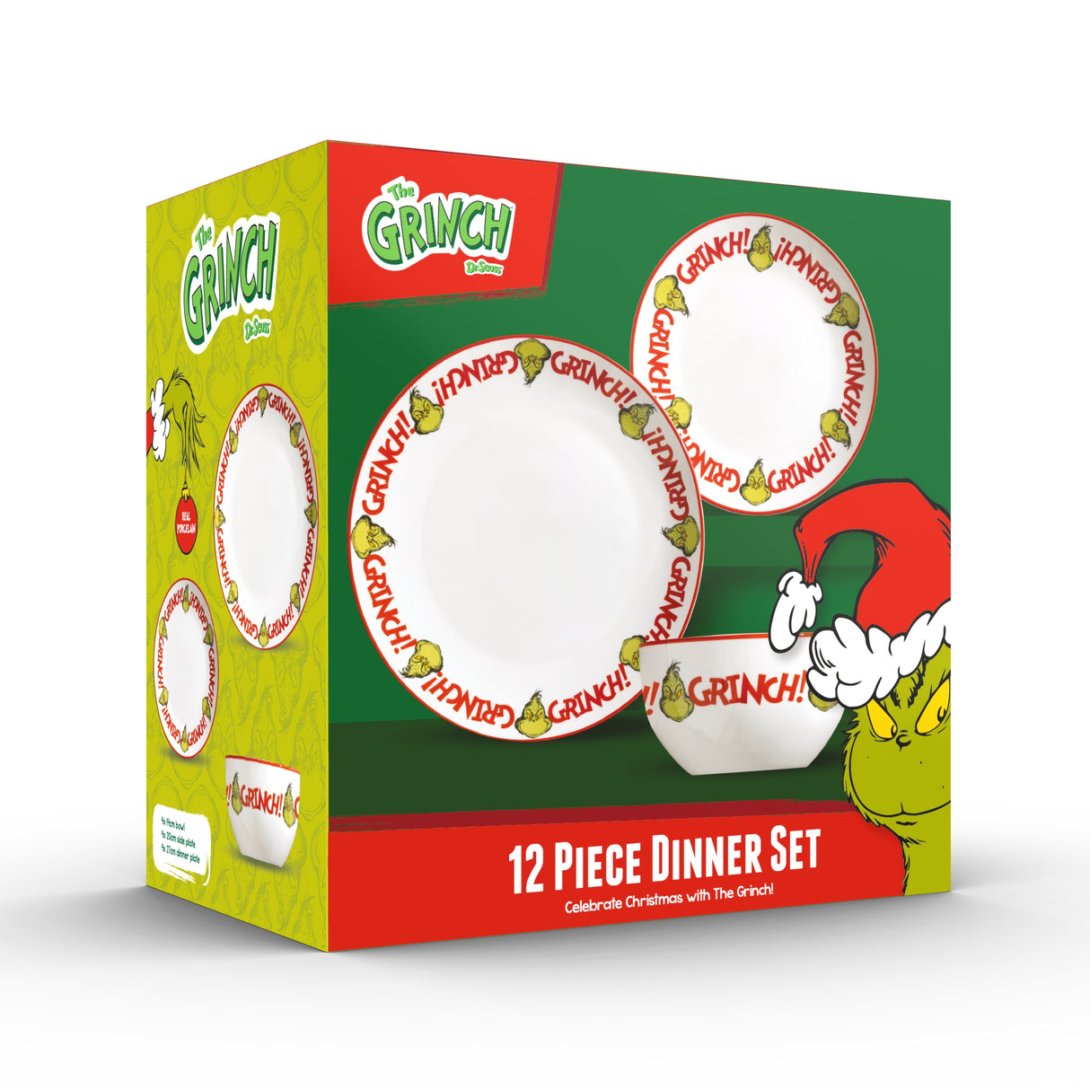 The Grinch 12pc Porcelain Dinner Set Pattern Plates & Bowls Christmas Dinnerware