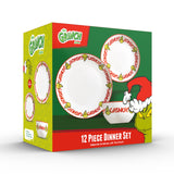 The Grinch 12pc Porcelain Dinner Set Pattern Plates & Bowls Christmas Dinnerware