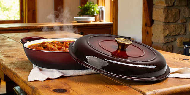 ProChef gradient red cast iron oval casserole dish with gold knob, filled with steaming stew and lid resting beside it on a wooden kitchen table.