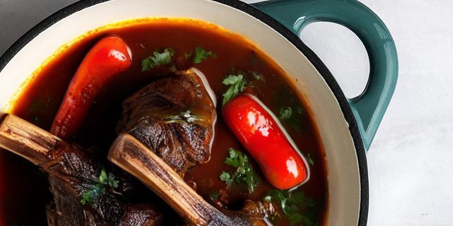Close-up of ProChef teal cast iron casserole dish filled with braised meat, red peppers, and fresh herbs in rich sauce.