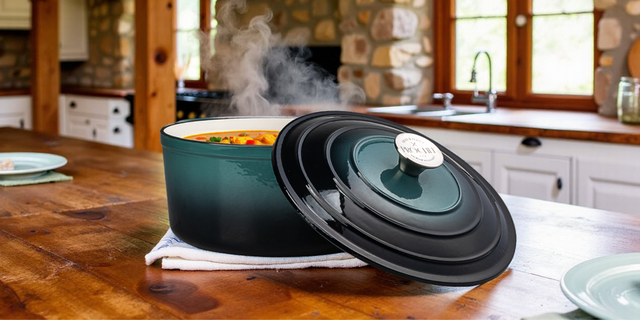 ProChef gradient teal cast iron casserole dish filled with steaming food, shown on a wooden kitchen table with lid resting beside it.