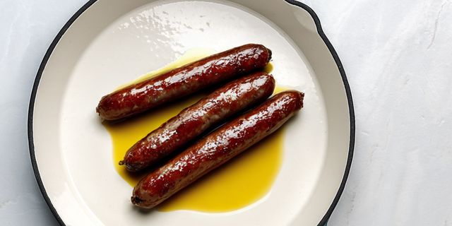 ProChef cast iron frying pan with cream enamel interior holding three browned sausages in cooking oil.