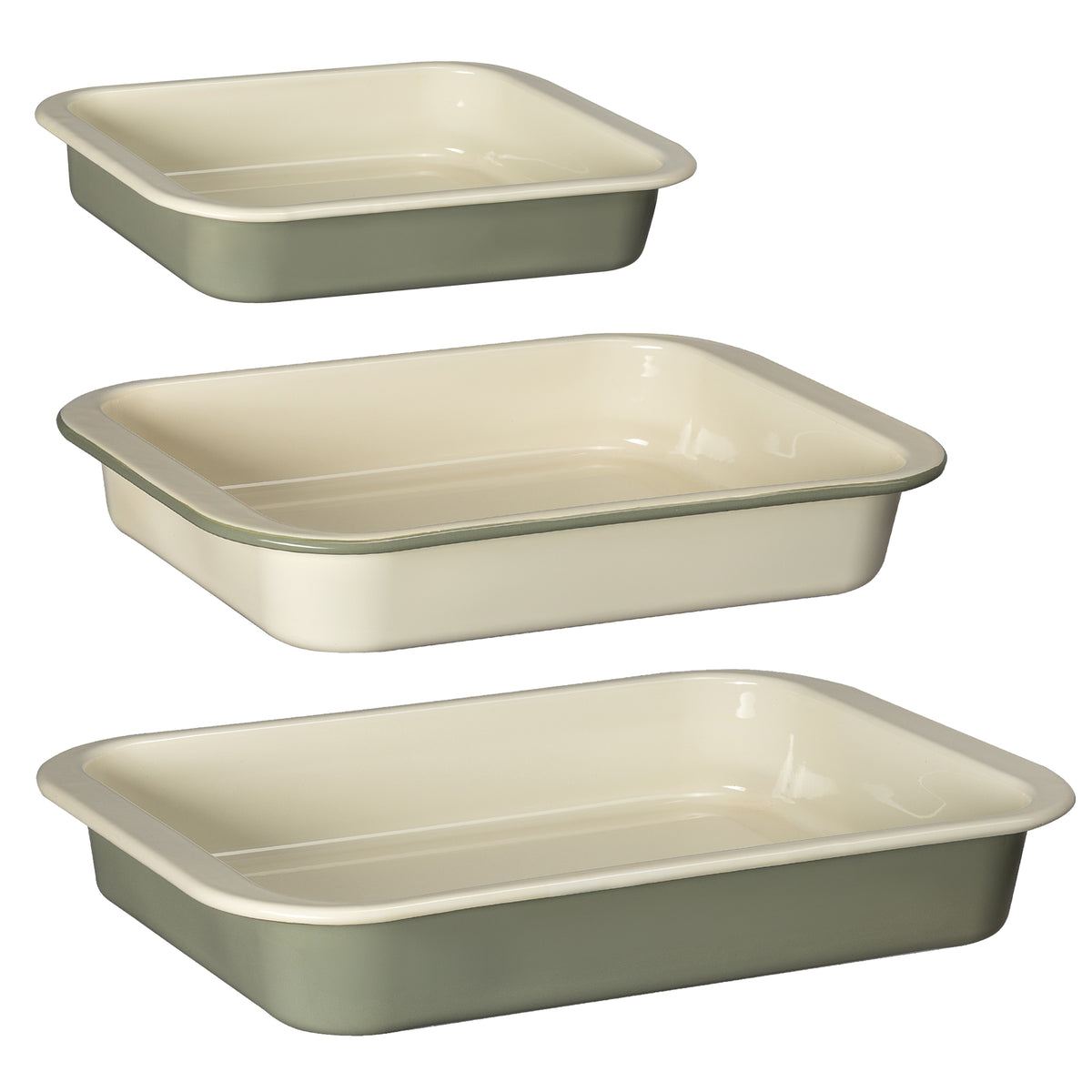 J&L 3-Piece Enamel Roasting Tin Set, Sage Green & Cream