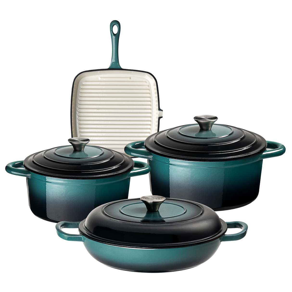 4-Piece Cast Iron Pan & Casserole Dish Set, Deep Teal