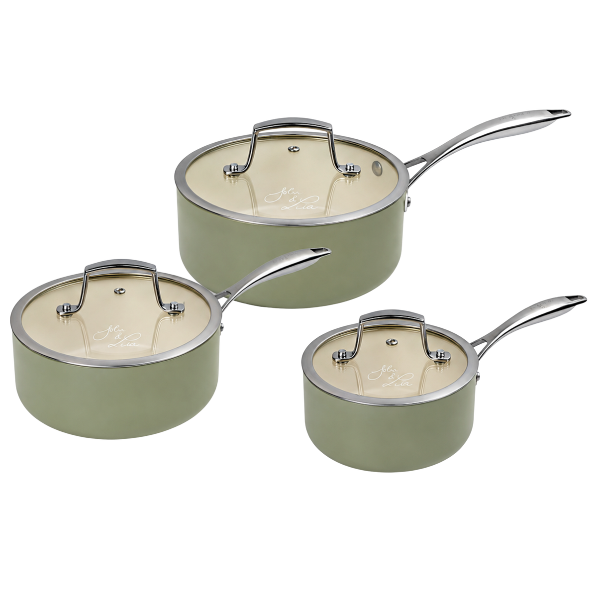 J&L 'Signature' 3-Piece Ceramic-Coated Saucepan Set, Sage Green