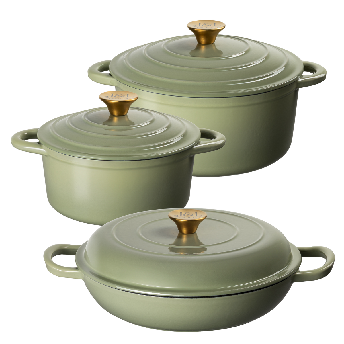 J&L 3-Piece Cast Iron Casserole Dish Set, Sage Green