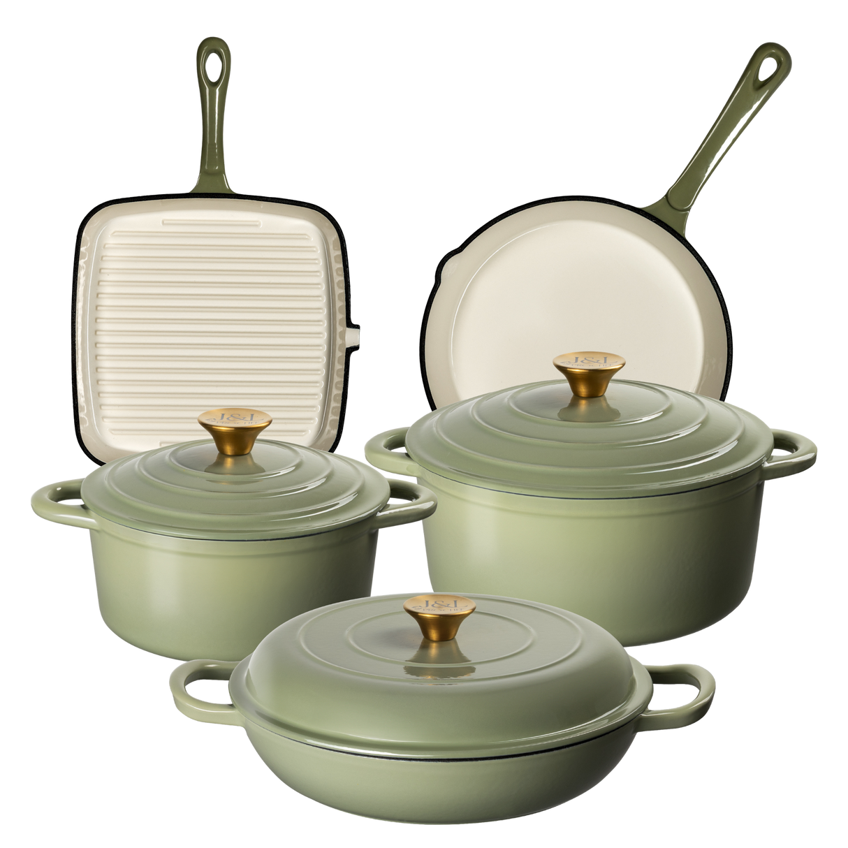 J&L 5-Piece Cast Iron Pan & Casserole Dish Set, Sage Green