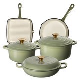 J&L 5-Piece Cast Iron Pan & Casserole Dish Set, Sage Green