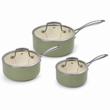 J&L 'Signature' 3-Piece Ceramic-Coated Saucepan Set, Sage Green