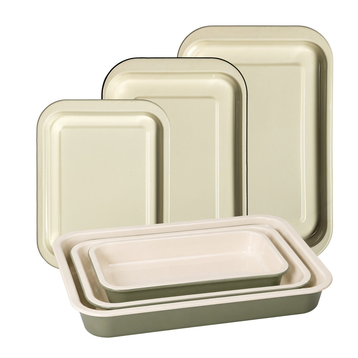 J&L 6-Piece Enamel Oven Tray & Roasting Tin Set, Sage Green & Cream