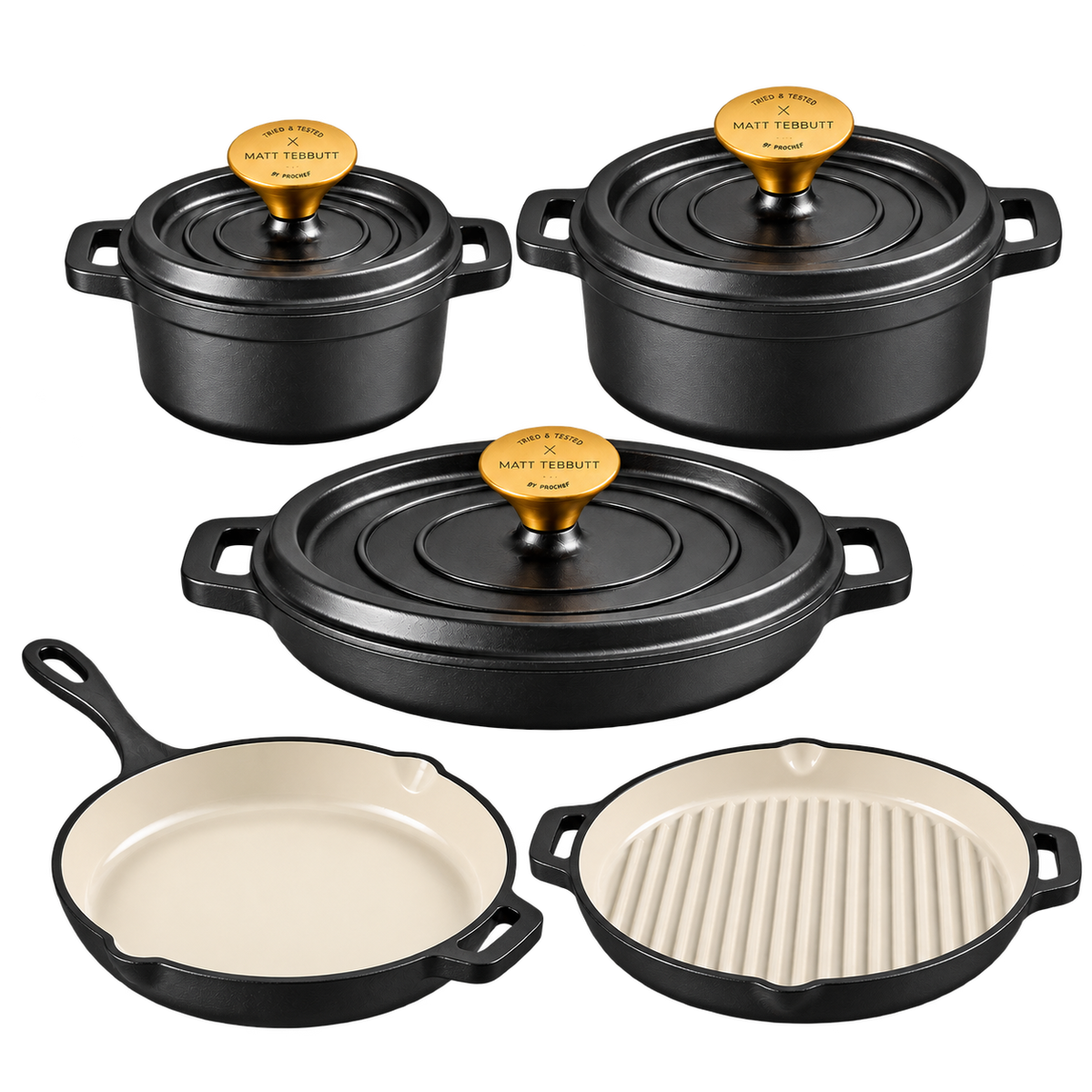 Matt Tebbutt Matte Black Cast Iron Cookware Set, 5 Piece