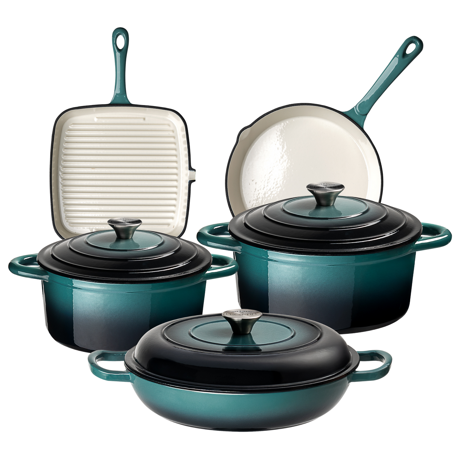 Five-piece ProChef cast iron cookware set in gradient teal with lids, including casserole dishes, a shallow oval dish, a square grill pan, and a frying pan.