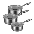 Set of three stainless steel saucepans with lids, shown in different sizes.