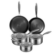 Set of 5 stainless steel pans with non-stick coating on a white background