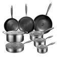 Eight-piece stainless steel cookware set with frying pans, saucepans, sauté pan, and stockpot, featuring hex-pattern interiors and matching lids.