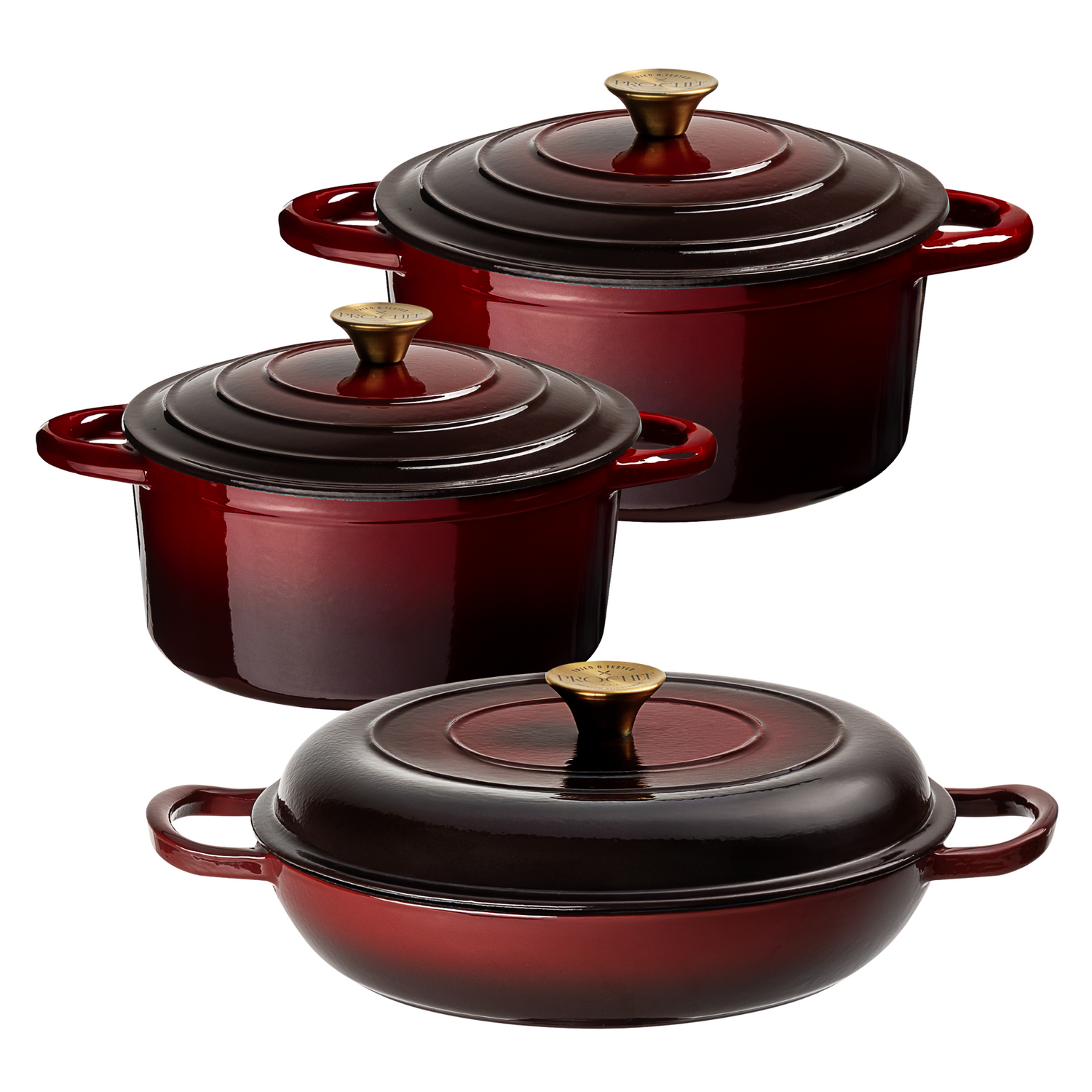 Set of three red enameled cast iron cookware pots with lids on a white background