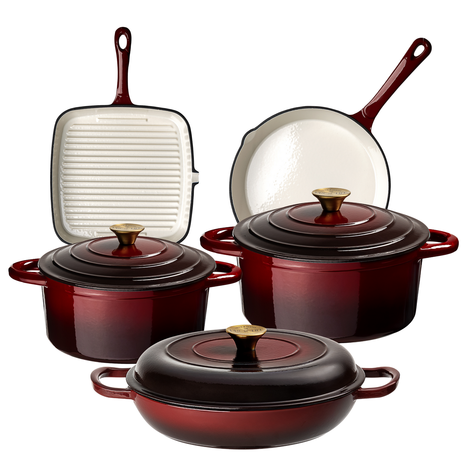 Set of red cast iron cookware including pots, pans, and a square grill pan on a white background