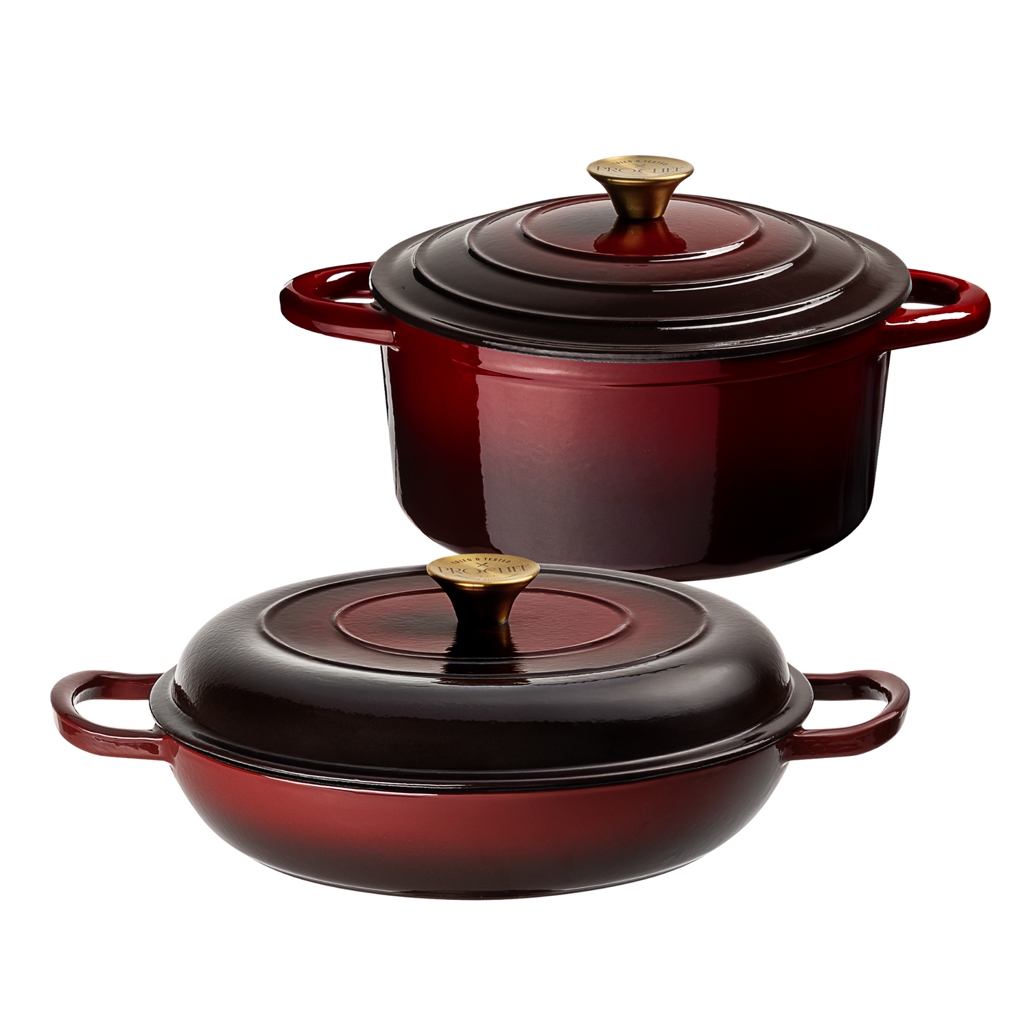 Two ProChef cast iron casserole dishes in gradient red with lids and gold knobs, one round and one shallow oval.