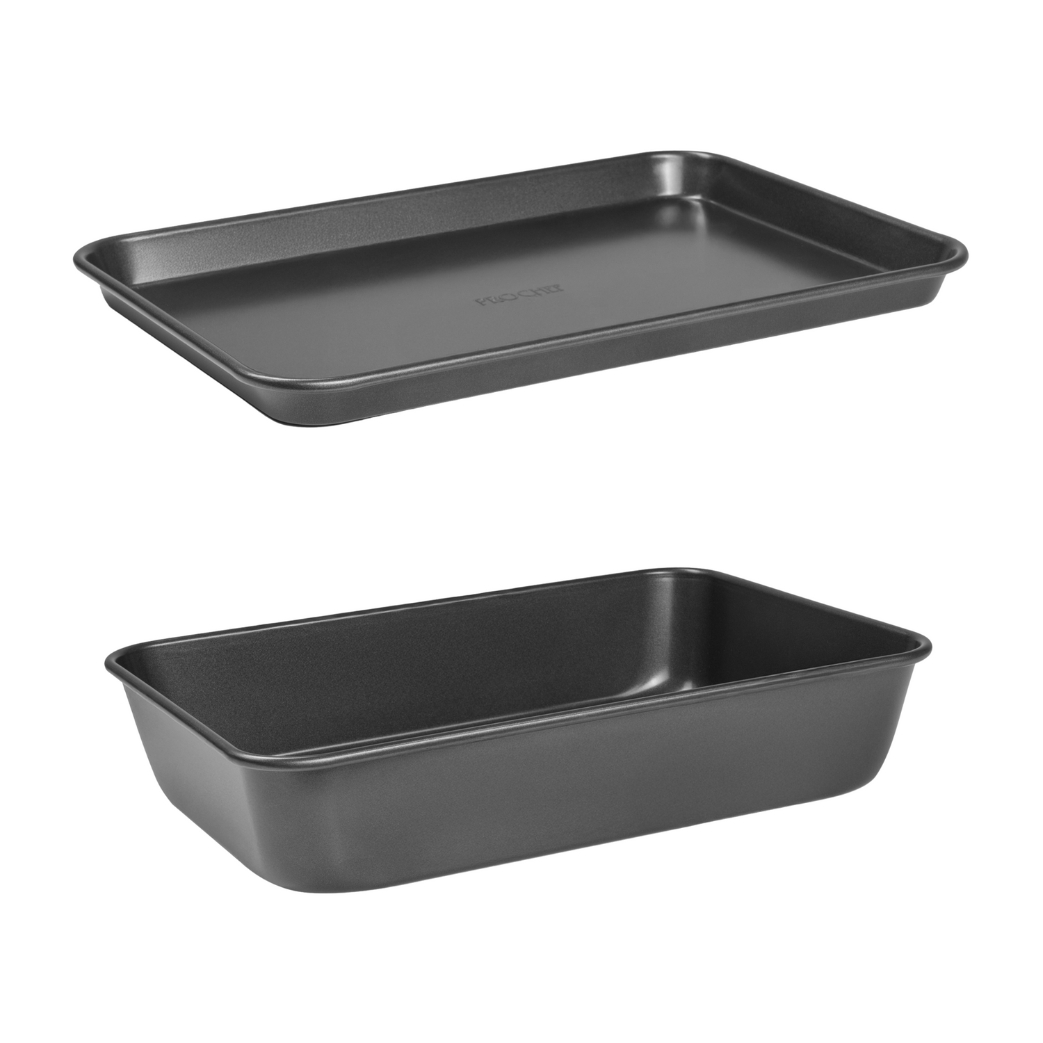 A black carbon steel oven tray and roasting tin set