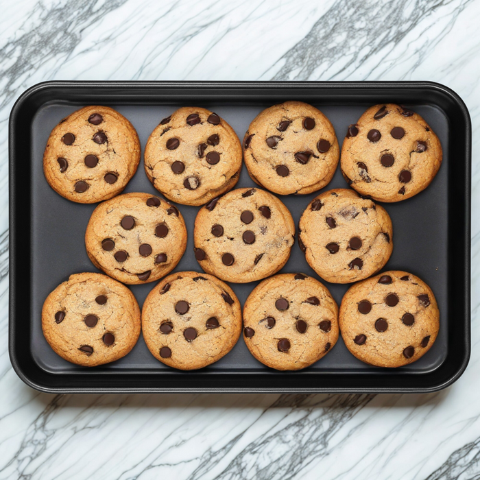 Chocolate chip cookies on a baking tray with a marble background