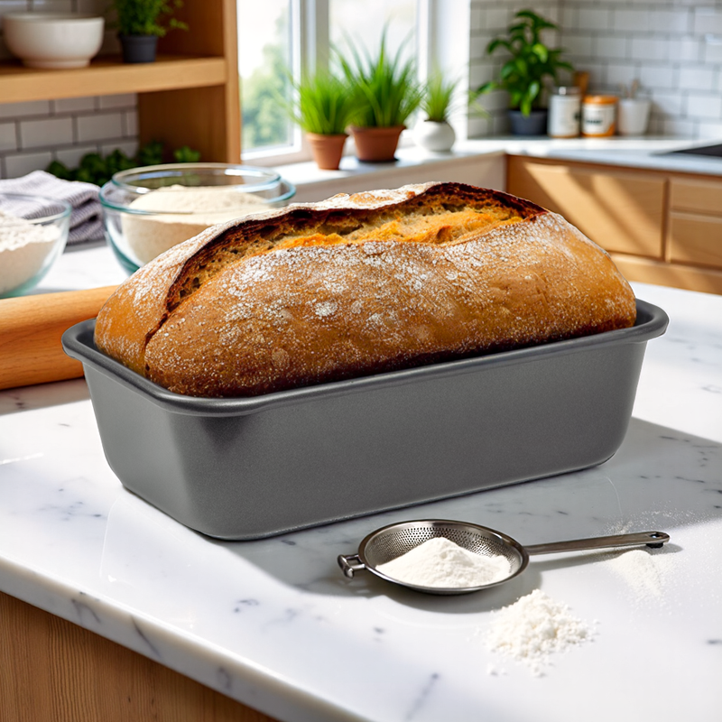 Loaf of bread in a gray loaf pan on a kitchen counter with flour and a sieve.